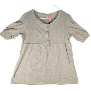 Personal Identity Grey Pointelle Henley Top Short Sleeve Cotton XL Heathered